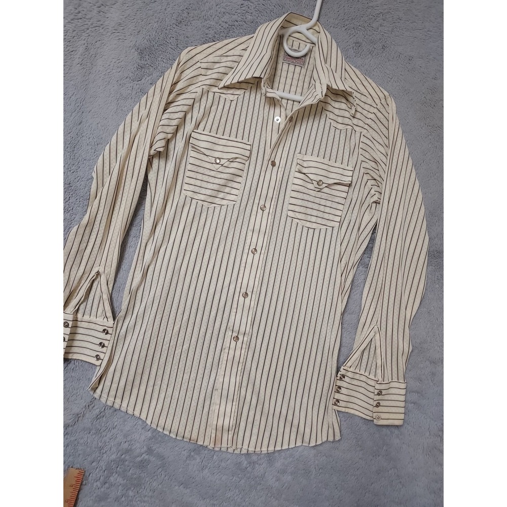 H bar C Shirt Mens 14.5 Western Pearl Snap Striped Long Tail Cream Brown Rodeo